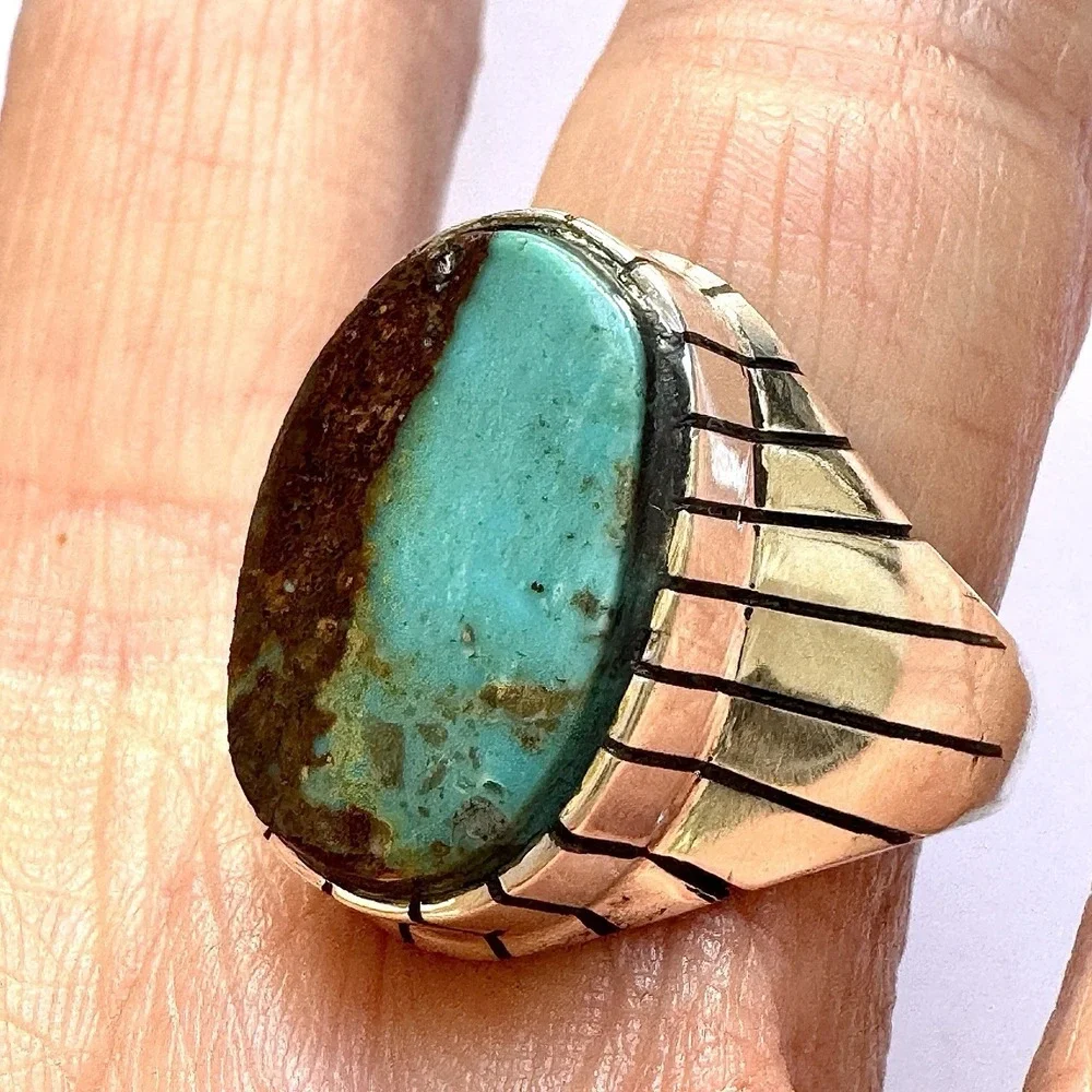 Navajo Turquoise Mens Ring Sz 10 Signed Jack Oval Sterling Native American 20mm